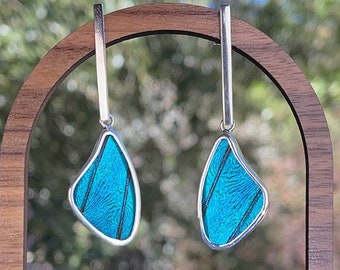 Handmade Unique Meaningful Jewelry for Mother's Day Gift, Real Blue Morpho Medium Butterfly Wing Pendant Flat Bar Post Statement Earrings