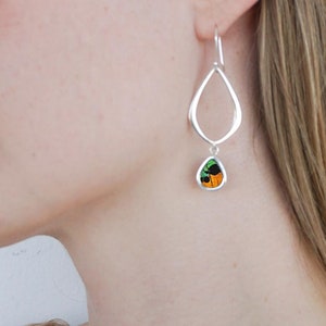 Small Teardrop Pendant on Sterling Silver Marquise Earrings | Real Butterfly Wing Jewelry Boho Gift For Her | Urania Ripheus Sunrise Series