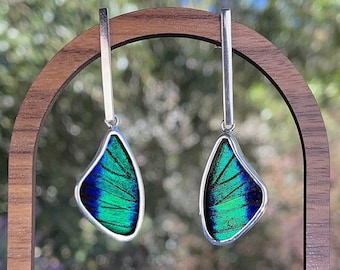 Genuine Blue Green Prepona Medium Butterfly Wing Pendant on Flat Bar Post Earrings | Statement Artisan Jewelry Unique Gift for Her Birthday