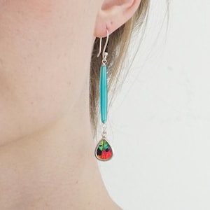 Real Sunset Moth Wing Earrings – Teardrop Pendant with Teal Vintage Lucite on Sterling Earwires – Colorful Iridescent Nature Jewelry Gift