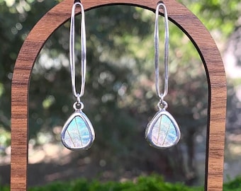 Minimalist Link Post Butterfly Wing Pear Shaped Silver Earrings, Handmade Dainty Bridesmaid Jewelry Gift for Sister Friend Morpho Sulkowskyi