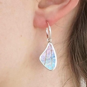 Real Morpho Sulkowskyi Endless Hoop Earrings | Pink Blue Butterfly Wings in Sterling Silver | Minimalist Handmade Gift for Sister or Friend