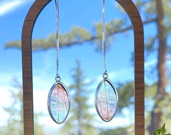 Morpho Sulkowskyi Oval Pendant Dangle Drop Threader Earrings | Dainty Handmade Boho Real Color Changing Butterfly Wings Jewelry Gift for Her