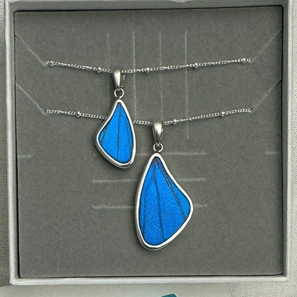 Mother Daughter Unique Two Silver Butterfly Wing Pendant Necklaces - Blue Morpho Jewelry Set Perfect Mother's Day Best Friend Gift for Her