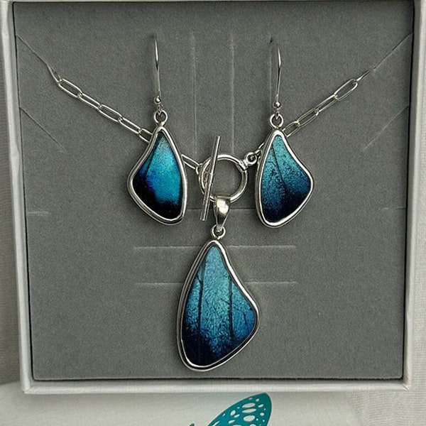 Blue Morpho Butterfly Wing Jewelry Set - Mother's Day Nature Pendant Necklace and Earrings, Handcrafted Sterling Silver Unique Gift for Her