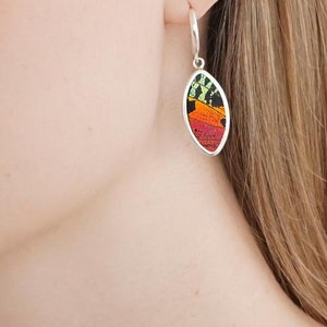Real Sunset Moth Wing Earrings – Oval Iridescent Butterfly Jewelry on Sterling Silver Leverbacks – Real Insect Jewelry for Nature Lovers