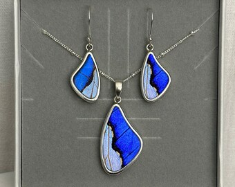 Sterlingsilber-Schmetterlings-Natur-Schmuckset – schillernde echte blaue Morpho-Kombi-Flügel-Anhänger-Halskette und Ohrringe als Muttertagsgeschenk