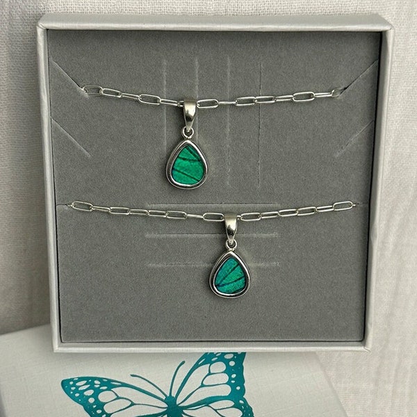 Mother Daughter Matching Unique Necklace Jewelry Set, Perfect for Mother’s Day Special Gift, Butterfly Wing Iridescent Green Prepona Pendant