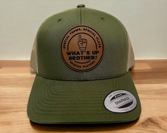 What's Up Brother Hat | Tik Tok Hat | Leather Patch Trucker Hat