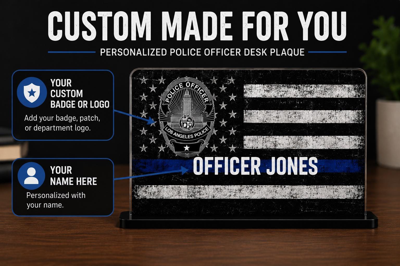 Personalized Thin Blue Line Acrylic Desk Plaque, Custom Police Officer ...