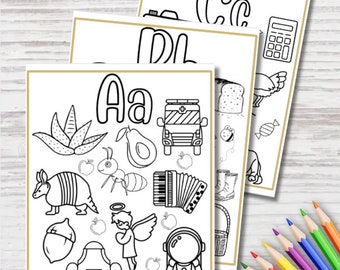 ABC Alphabet Coloring Pages w/ Word Bank | Advanced Educational Nouns | Canva Printable Digital Product | Elementary School Kids