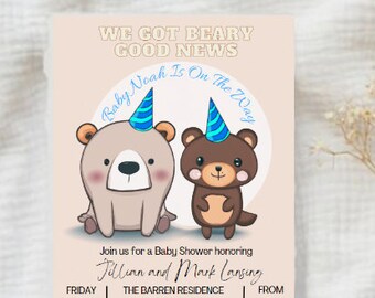 Cute Bear Baby Shower Digital Template | Electronic Editable Template | Baby Boy Evite Canva Template | Instant Download