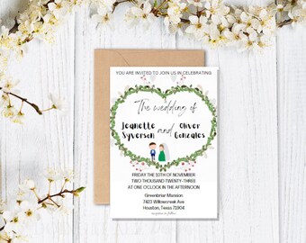 Cute Wedding Invitation w/ a RSVP and Details Postcard I Editable & Digital Template I Instant Download Canva Template I Heart Shape Design