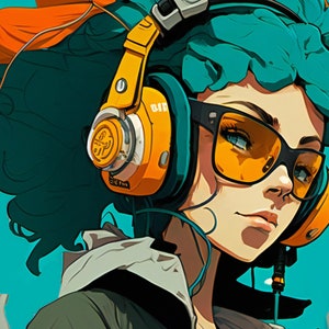 Op de afbeelding: Een vrouw met tealblauw haar die een gele koptelefoon en oranje getinte zonnebril draagt. De achtergrond is tealblauw.