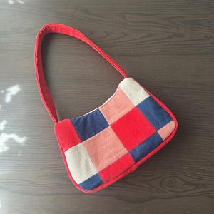 Upcycled corduroy Shoulder Bag | Patchwork. Red, Pink, Dark Blue