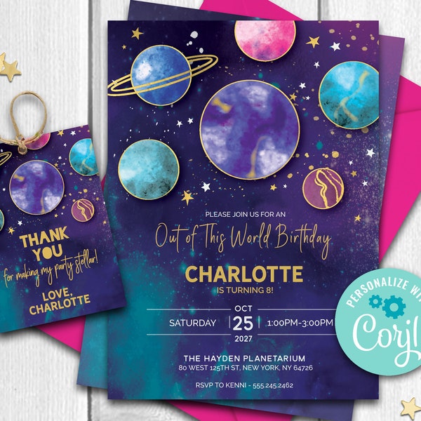 Space Birthday Girl Invite PLUS Thank You Tag | Star, Stellar, Galaxy Invitation - Astronaut & Planet Bday - 5x7 - DIGITAL - EDITABLE