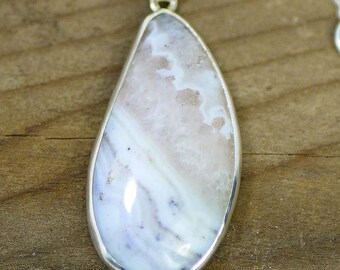 100% Sterling Silver Pendant Necklace, Sowbelly Agate Cabochon, 18" Dainty Chain With Toggle Clasp