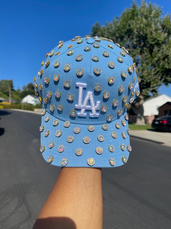 Blue LA Snapback Cap with Red & Cream Embroidered Letters & Rhinestones LOS ANGELES DODGERS NEW ERA 59FIFTY RED ROSE GLOVE BLUE CAP  main image 4