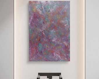 Groot abstract acrylschilderij, wanddecoratie op paars canvas met textuur, origineel handgemaakt decor.