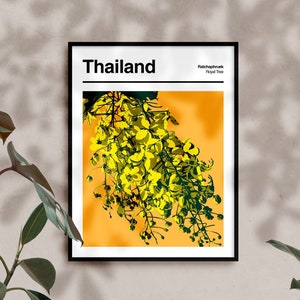 Impresión botánica de Tailandia: cartel de arte abstracto botánico, arte del mercado de flores, cartel de flores amarillas, arte floral moderno, arte de pared de Tailandia