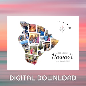 Big Island · Fotocollage staatskaart Hawaï - gepersonaliseerde kaartafdruk - jubileumcadeau - reiscadeau-ideeën - elk eiland - digitaal bestand