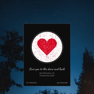Carte des étoiles coeur rouge - carte des étoiles coeur personnalisée - carte du ciel - ciel nocturne - nuit où nous nous sommes rencontrés - là où tout a commencé - cadeau d'anniversaire - cadeau de la Saint-Valentin