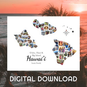 Fotocollage kaart Hawaï-eilanden - Kies drie (3) eilanden - gepersonaliseerde kaartafdruk - jubileumcadeau - reiscadeau-ideeën - DIGITAAL BESTAND
