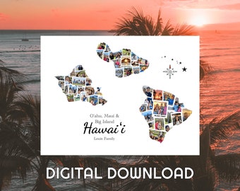 Individuelle Fotocollage der Hawaii-Inseln – Drei Inseln nach Wahl – Personalisierter Kartendruck – Reisegeschenk, Jahrestagsgeschenk | DIGITALER DOWNLOAD
