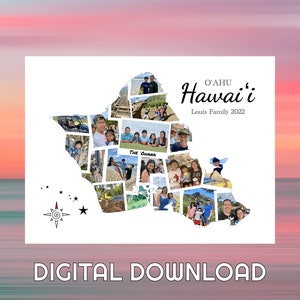Oahu · Fotocollage staatskaart Hawaï-eiland - gepersonaliseerde kaartafdruk - jubileumcadeau - reiscadeau-ideeën - elk eiland - digitaal bestand