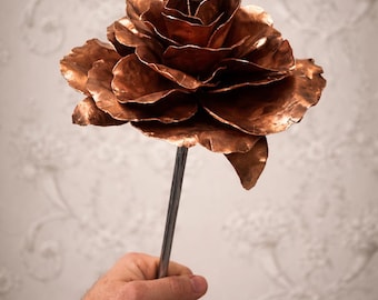 Forged Steel & Copper Rose Sculpture – Hand Riveted Everlasting Metal Rose – Farrier Made Gift