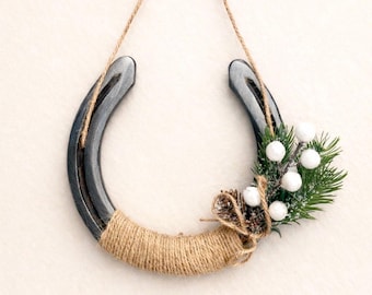 Lucky Horseshoe Gift with White Berries -- Rustic Twine Hanging