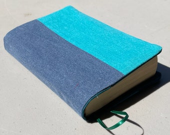 The Book Cozy, Book Cover, Mass Market, Reversible, Reusable, Washable Fabric, Built in bookmark, Teal Blue Teal Stripe