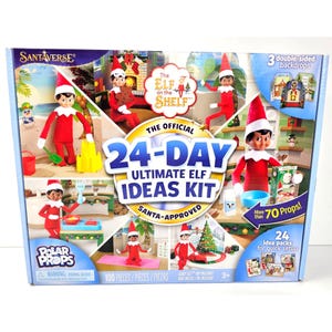 May include: A rectangular box for The Elf on the Shelf 24-Day Ultimate Elf Ideas Kit. The packaging features multiple images of a red-clothed elf doll in various scenes, with text including Santaverse, 3 double-sided backdrops, and 70 props.