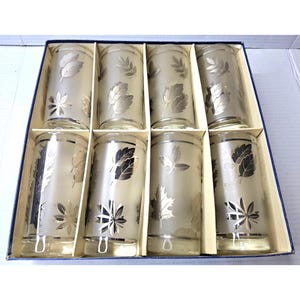 Set Of 8 Vintage Libbey Silver Foliage Hostess Glassware Set With Box