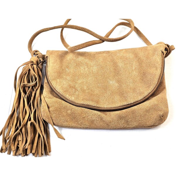 G.H. Bass & Co. Tan Suede Crossbody Bag With Fringe Tassel Zipper Closure Boho