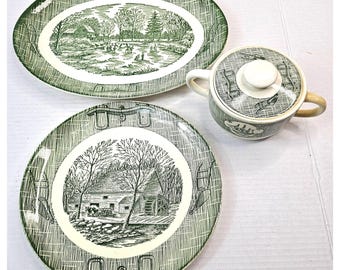 Vintage Green Transferware Dinnerware Set - Sugar Bowl Dinner Plate & Platter