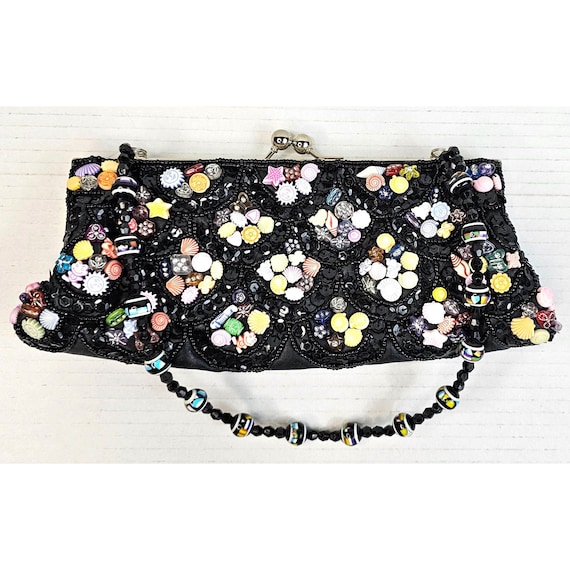 Handcrafted Black Beaded Clutch Purse Colorful Embellishments Beaded Strap