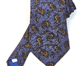 Vintage Shanghai Handmade 100% Silk Paisley Pattern Tie In Blue & Gold