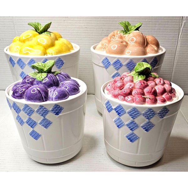Set Of 4 Pfaltzgraff Ceramic Fruit-Themed Canisters With Lids Country Farmhouse