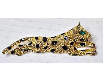Leopard Brooch Gold Tone Black Enamel Crystal Embellished Animal Pin Jewelry
