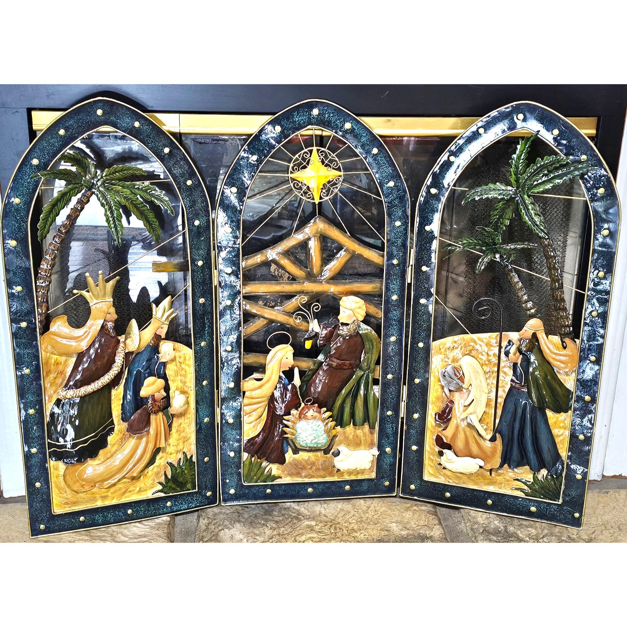 Hand-painted Metal Fireplace Nativity Scene Triptych Art Panel