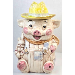 Vintage 1960s Ceramic Pig Cookie Jar With Yellow Hat & Bunny Country Farmhouse