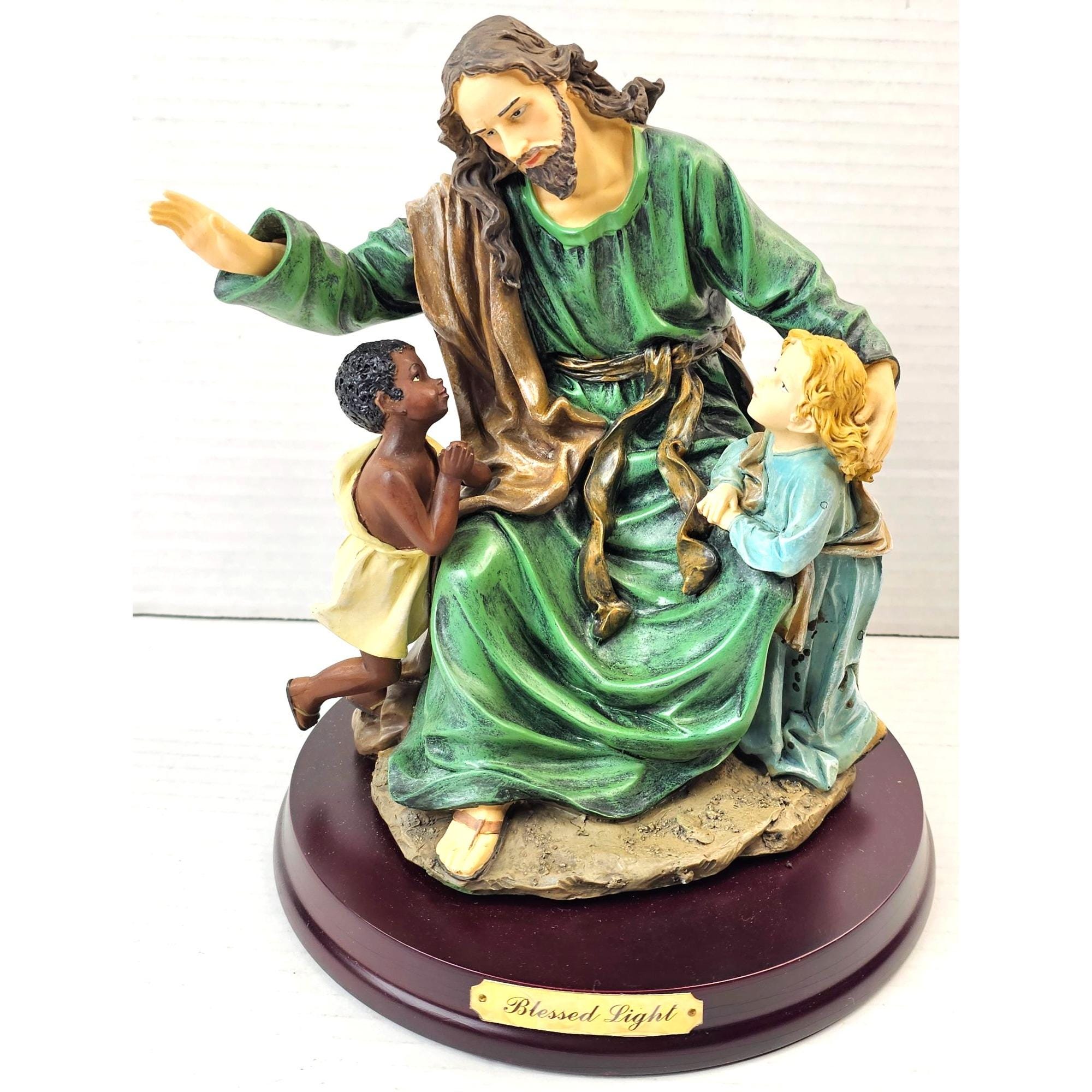 Vintage Herco Jesus With Children Figurine Blessed Light Statue On Wood Base