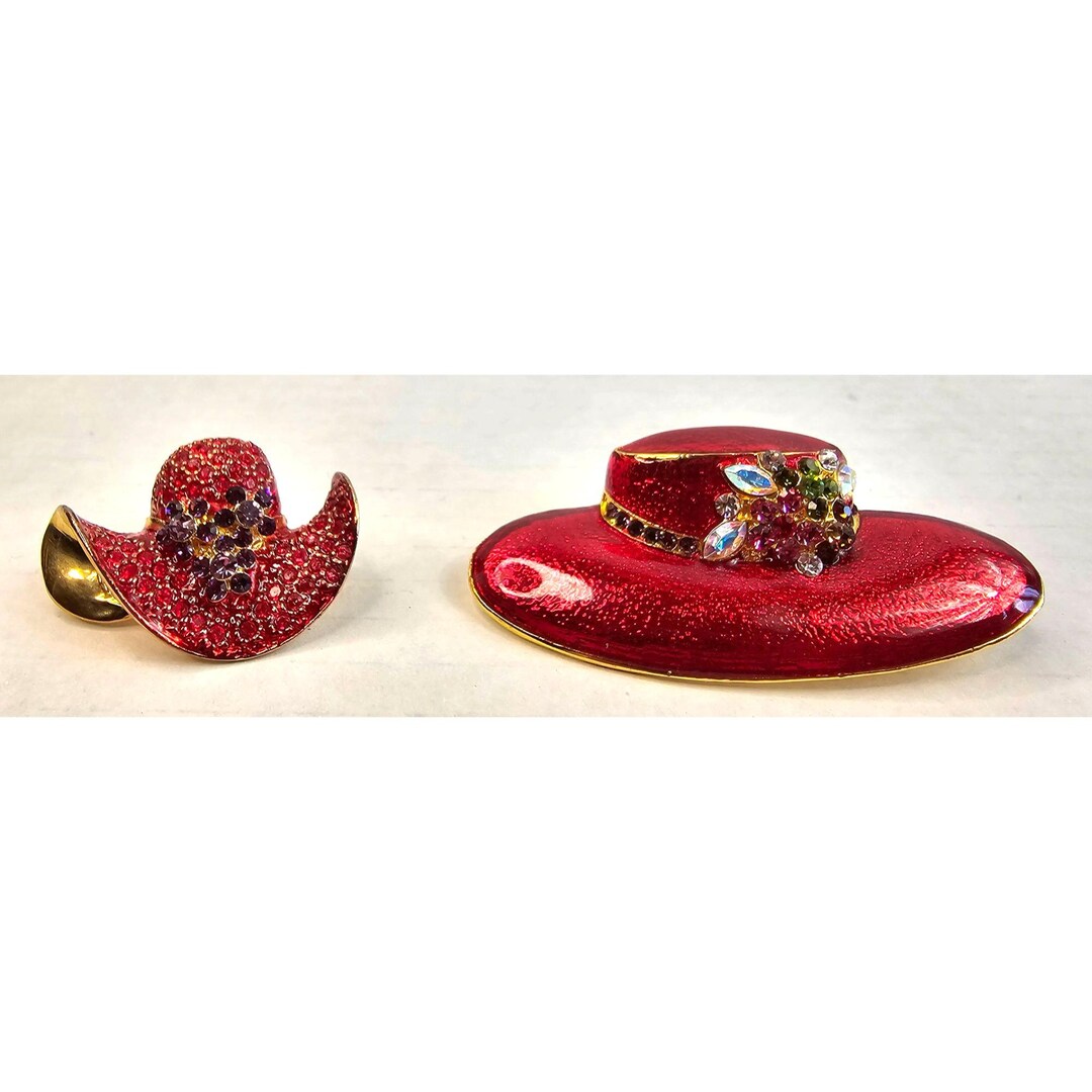 Vintage Red Rhinestone Hat Brooches: Gold-tone Set - Etsy