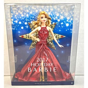 2017 Holiday Barbie Sammlerpuppe Im Roten Kleid Mit Goldstern Hintergrund In Original Box