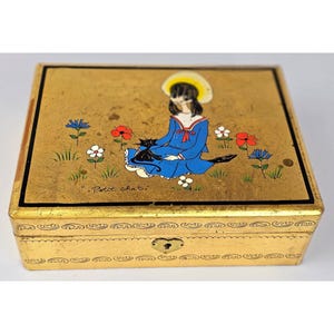Vintage Gold Tin Box With "Petit Chat" Girl & Cat Design Floral Accents Heart Lock Decorative Storage