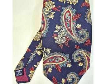 Vintage Sutter & Grant Paisley Floral Silk Tie Navy Red Yellow USA-Made