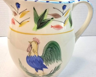 Hand-Painted Ceramic Pitcher Rooster & Floral Design Country Farmhouse Kitchen