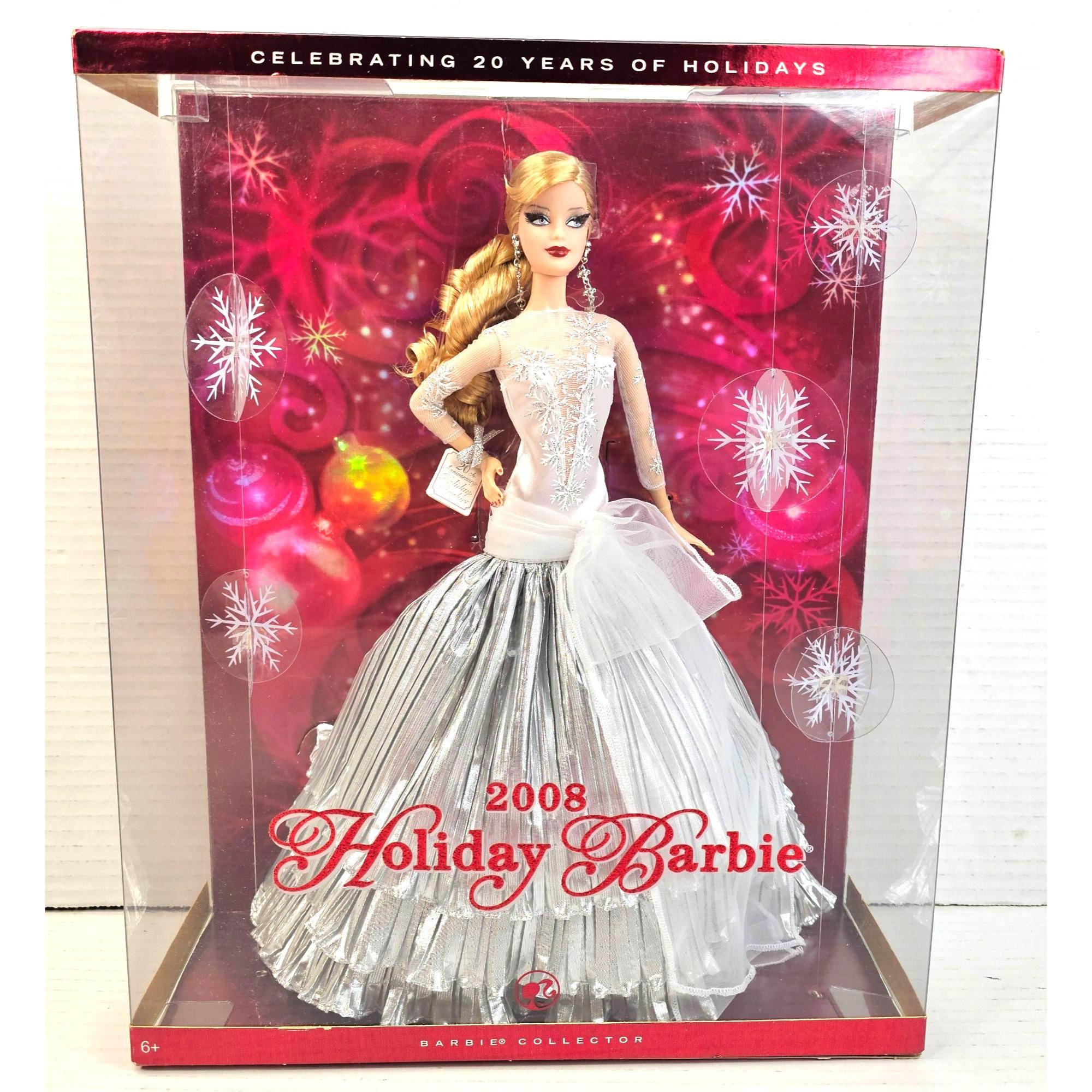 Muñeca Barbie navideña de 2008 con vestido plateado que celebra 20