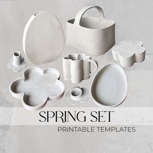 Könnte beinhalten: Druckbare Vorlagen für ein Frühlings-Set aus Keramik, bestehend aus einer Vase, einem Korb, einer Tasse, einer blütenförmigen Schale und Kerzenhaltern. Die Artikel sind alle weiß und haben ein schlichtes, modernes Design.